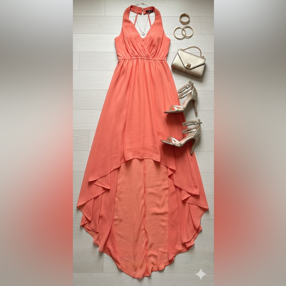 BCBGMAXAZRIA Salmon Chiffon High-Low Halter Gown Prom Dress Size S NWT - Picture 12 of 12